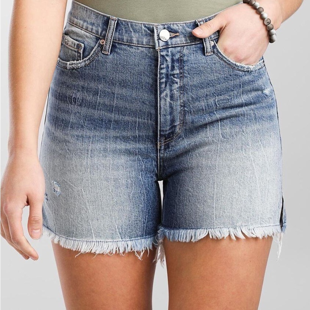 High-Rise Washed Blue Denim Shorts with Frayed Hem